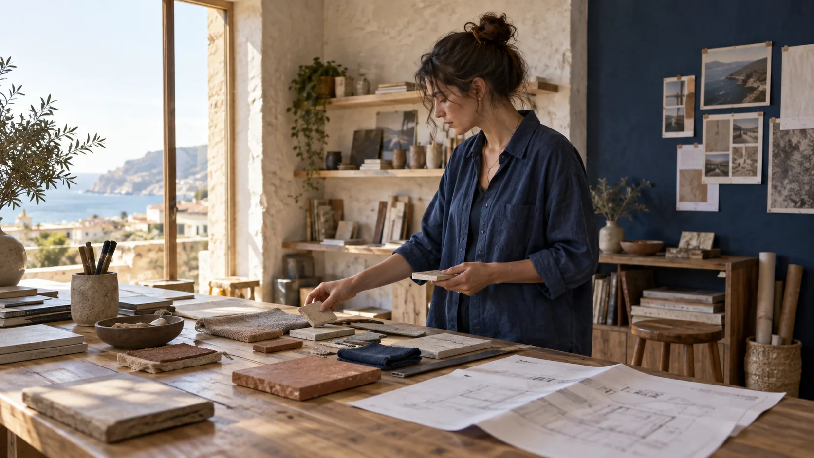 Diseñadora revisando muestras de materiales en su taller de proyectos.