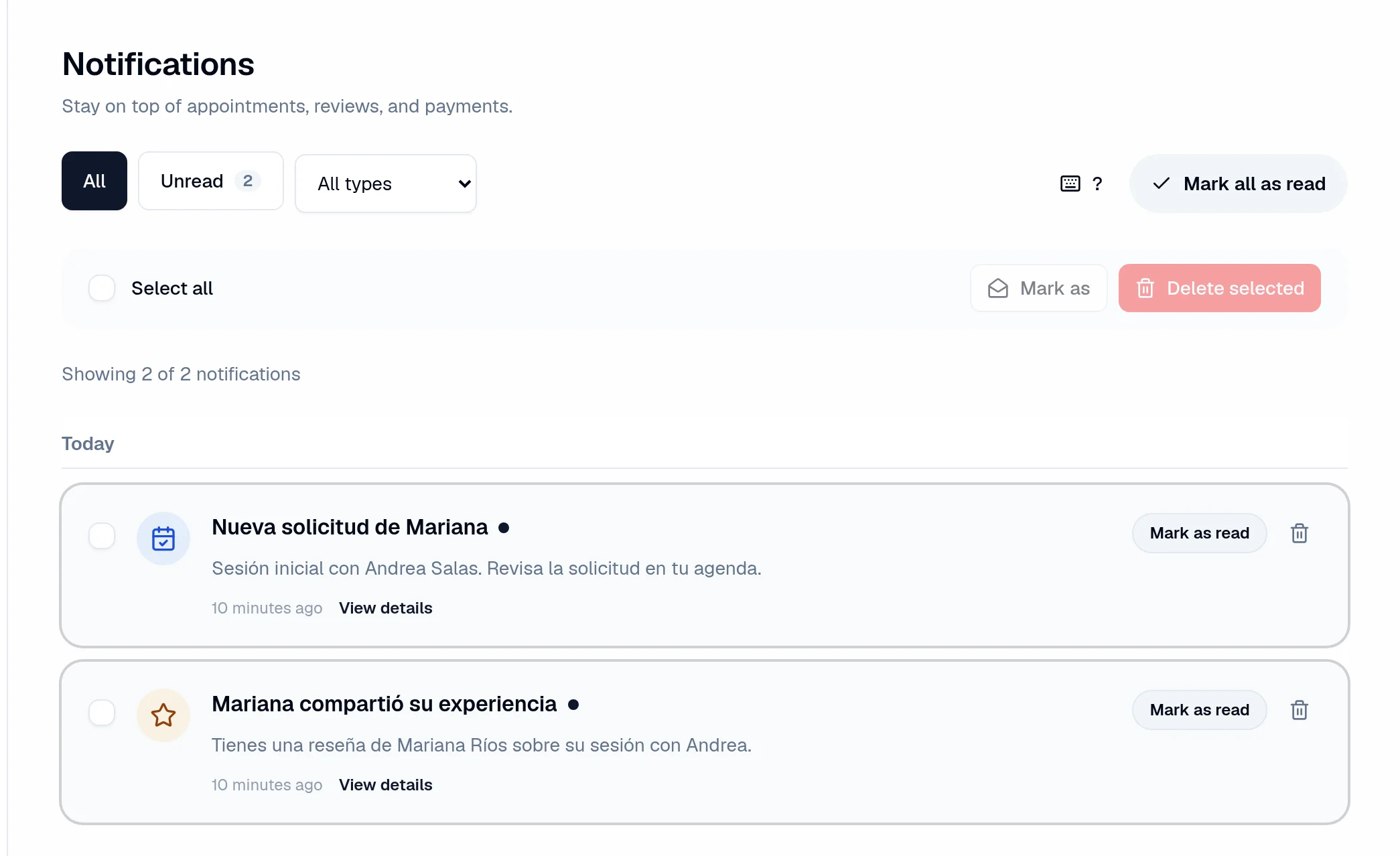 Notification center with a demonstration booking request and client review.
