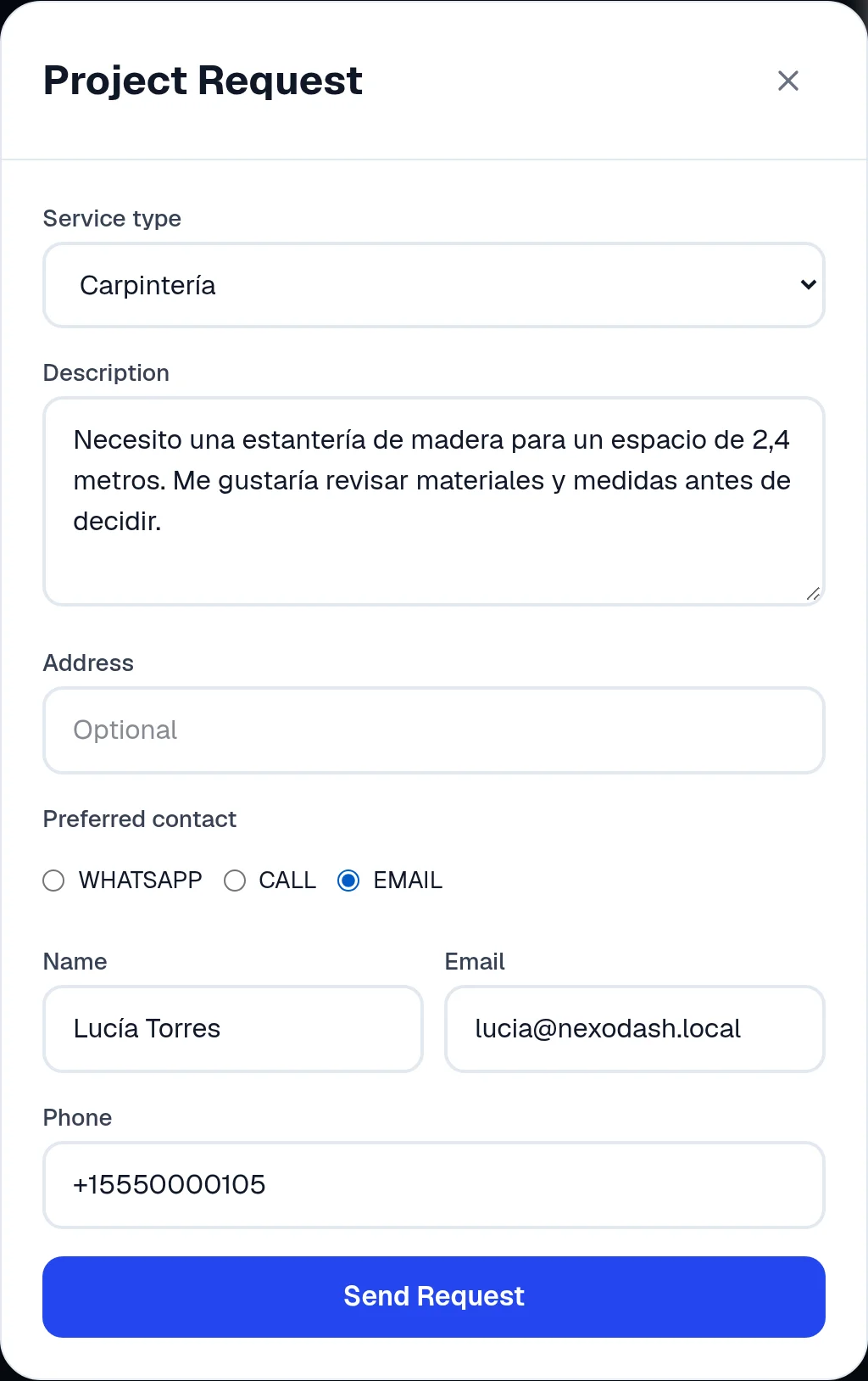 Taller Loma request form with the carpentry service and Lucía Torres’s request for a custom bookshelf.
